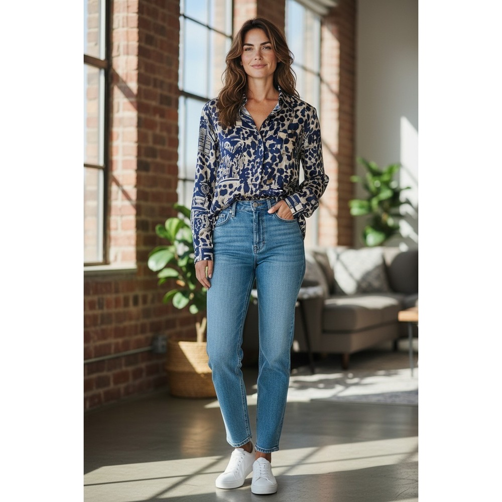 Metro Express Silk Button Down Shirt Womens Navy Architectural Leopard Print M